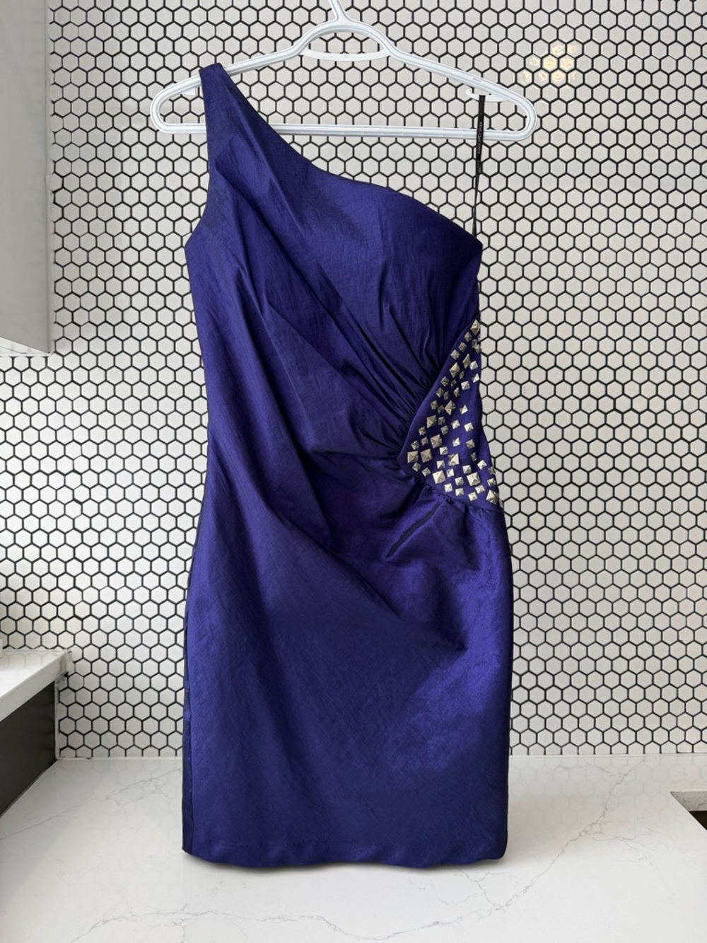 Melanie Lyne One-Shoulder Royal Purple Dress with Metal Accent